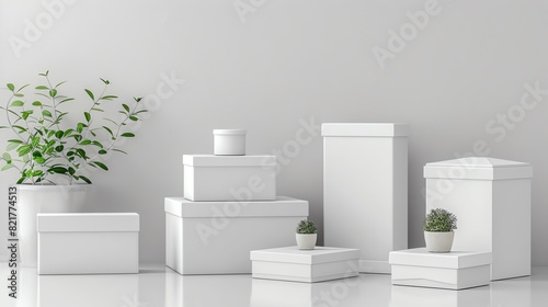 Create an attractive image of versatile white product packaging boxes, different sizes and styles, elegant with no logos photo