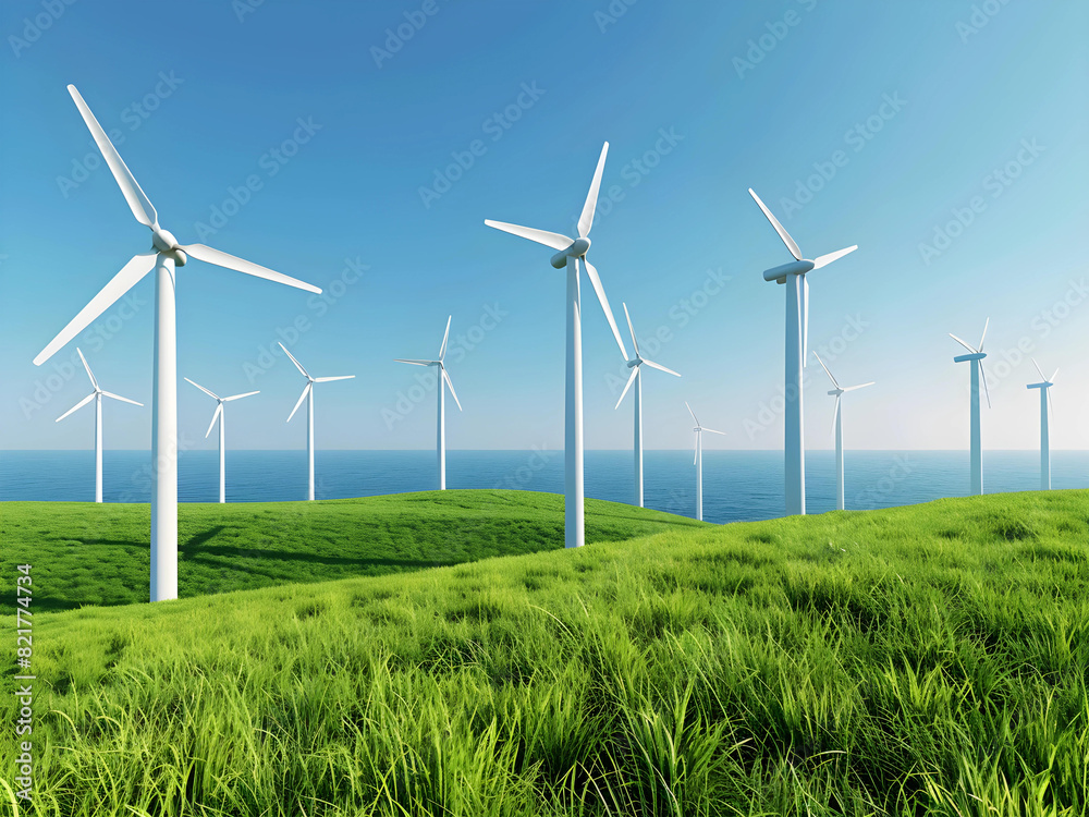 Windmill turbines on the mountain at the sea side. Photo of wind energy park. Windmill turbines on the mountain at the sea side. Photo of wind energy park.
