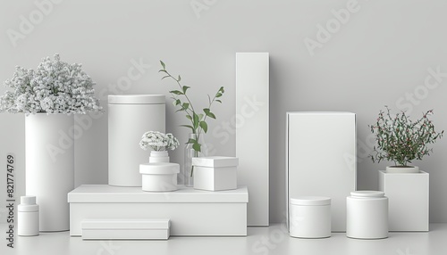 Generate a beautiful image of pristine white product packaging boxes, various sizes and styles, clean and logofree photo