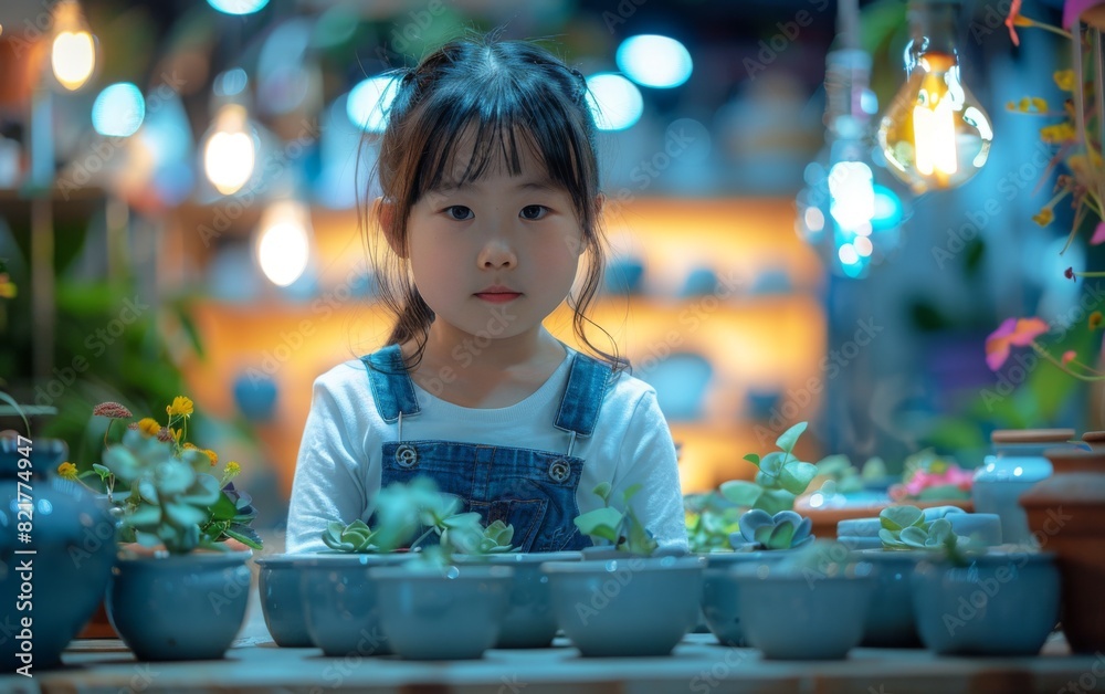 A young girl stands next to a table filled with various potted plants, showcasing the beauty of nature indoors A young girl stands next to a table filled with various potted plants, showcasing the beauty of nature indoors