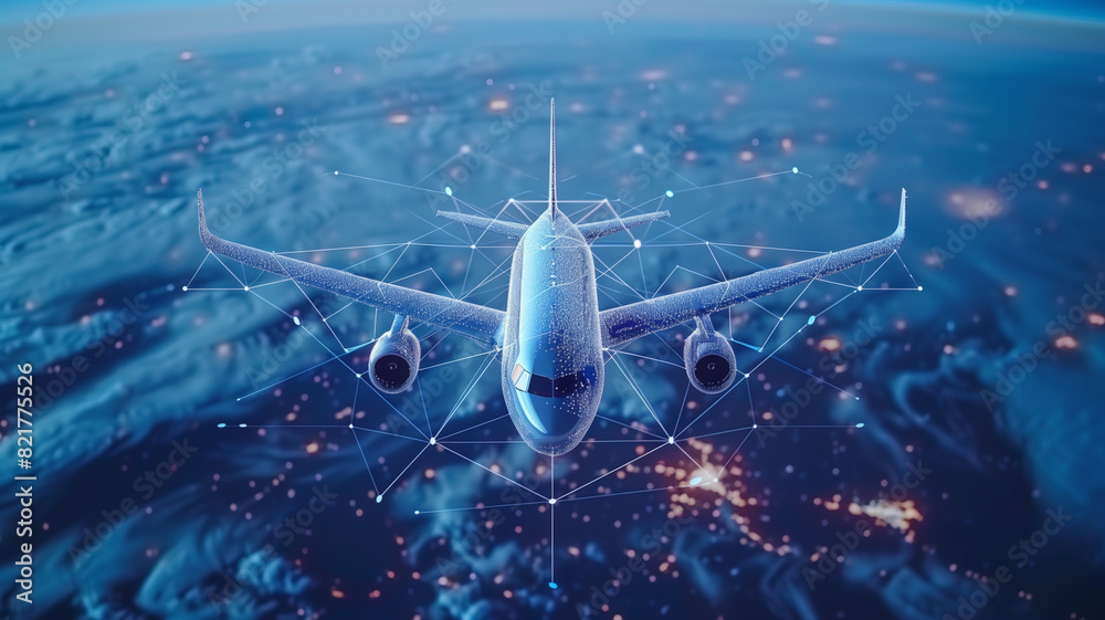 Obraz premium Plane with hologram data network background.