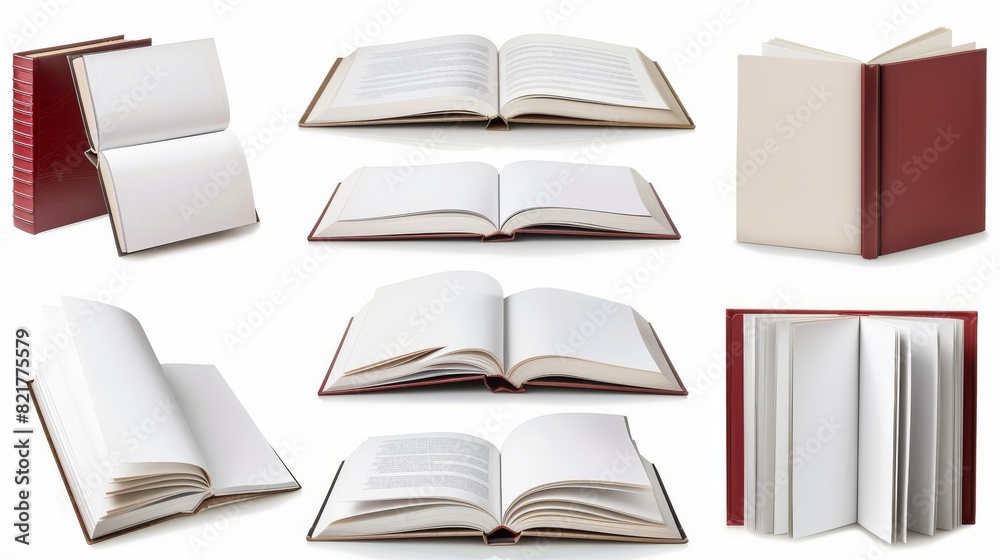 An isolated set of square hardcover books with their covers closed and open An isolated set of square hardcover books with their covers closed and open