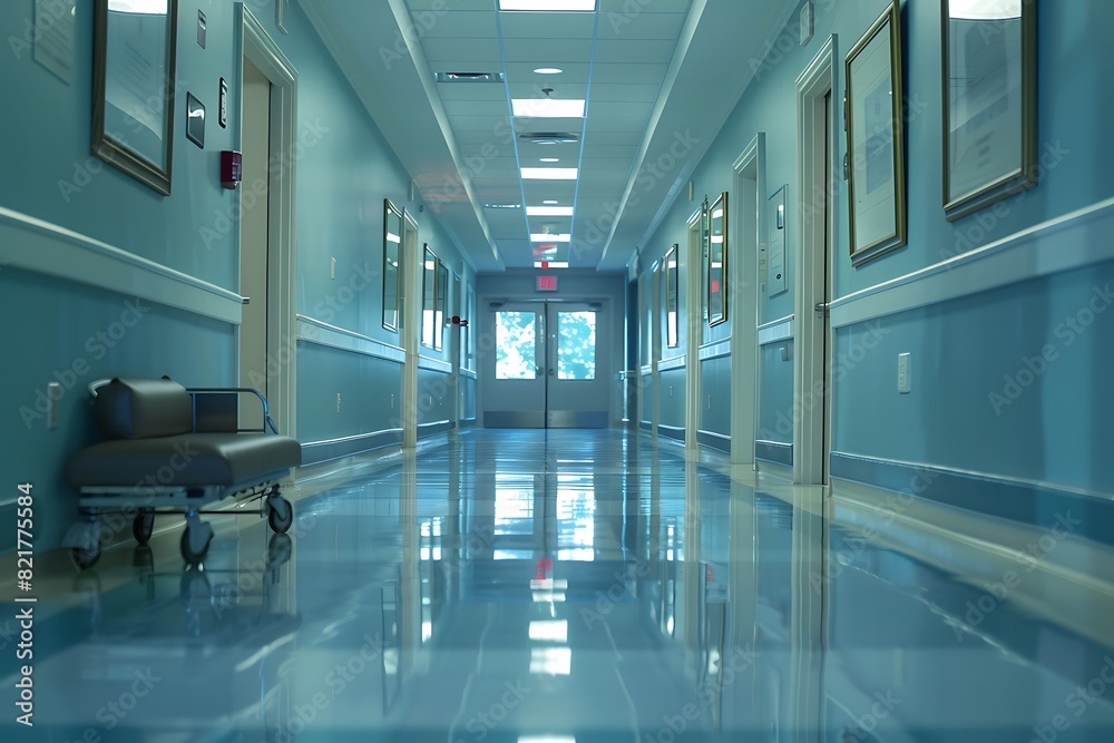 Empty hospital hallway and room