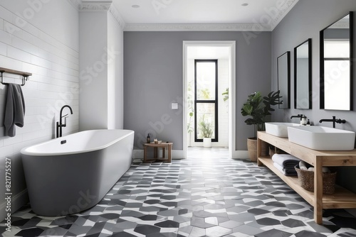 Industrial Grey And White Bathroom Design With Geometric Flooring
