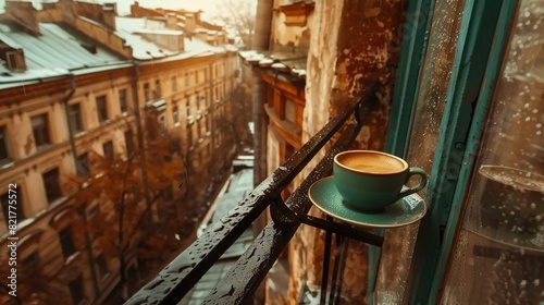   A cup of coffee sits atop a window sill beside a cityscape backdrop photo