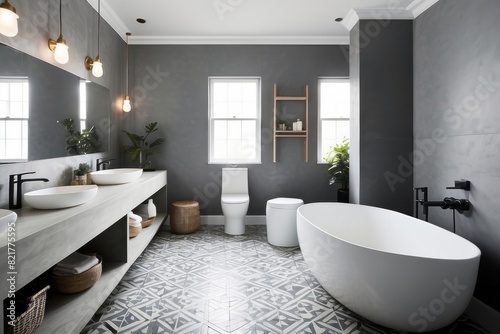Industrial Grey And White Bathroom Design With Geometric Flooring
