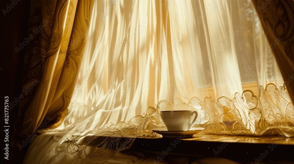 A cup and saucer perch on a window sill before a curtain-adorned window A cup and saucer perch on a window sill before a curtain-adorned window