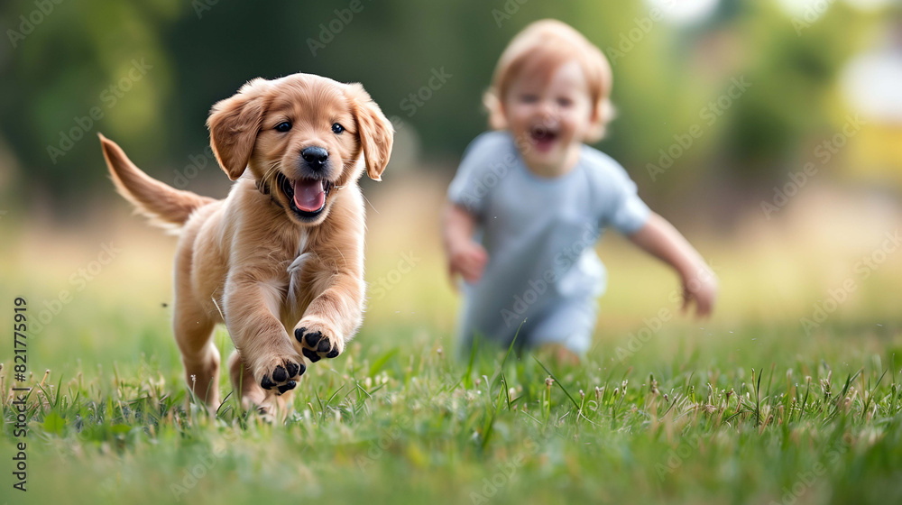 Puppy's soft fur brushes against the boy's skin as they tumble together in a playful embrace Puppy's soft fur brushes against the boy's skin as they tumble together in a playful embrace