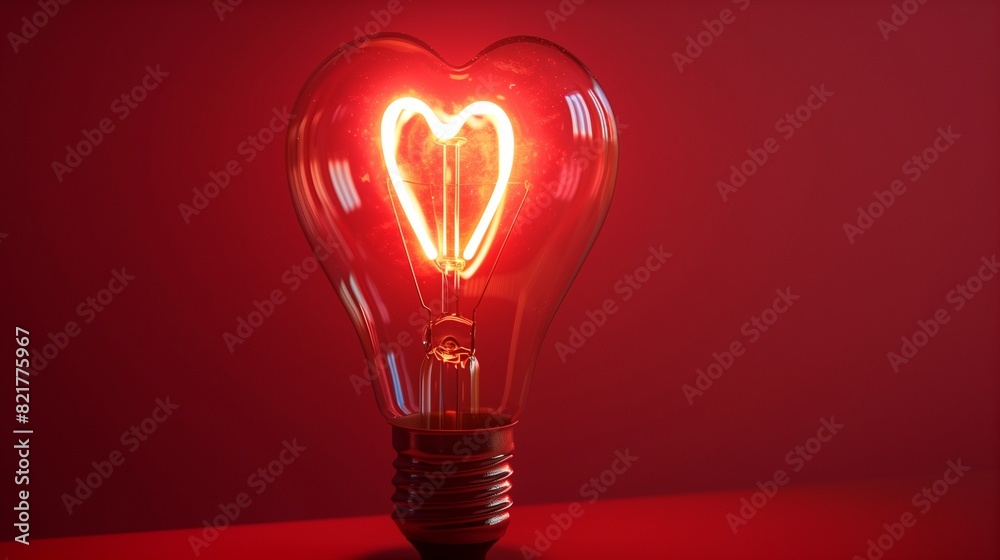 A super realistic image of a light bulb with a glowing heart-shaped filament against a vibrant red background, A super realistic image of a light bulb with a glowing heart-shaped filament against a vibrant red background,