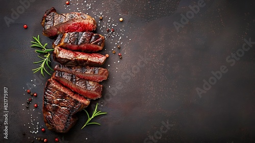 Juicy steak medium rare beef on a dark background. top view. copy space for text photo