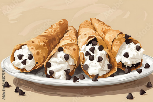 An illustration of freshly made and crispy cannoli lined up on a white plate photo