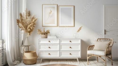 An interior design for a light living room  including a dresser and shelf with art decoration  mockup frames  and art