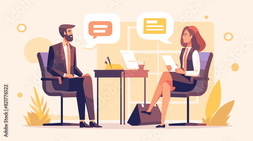 a man and a woman sitting in a room, facing each other. The man and the woman are talking and they both have serious expressions on their faces. they are in the middle of a job interview.