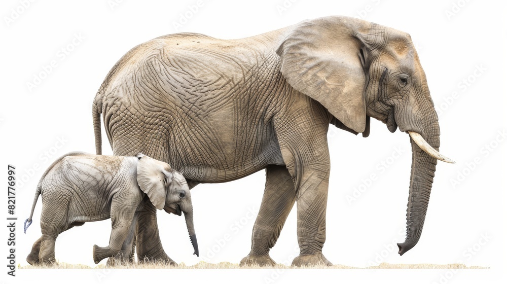 Fototapeta premium A cute little elephant calf stands next to a big elephant, cut out