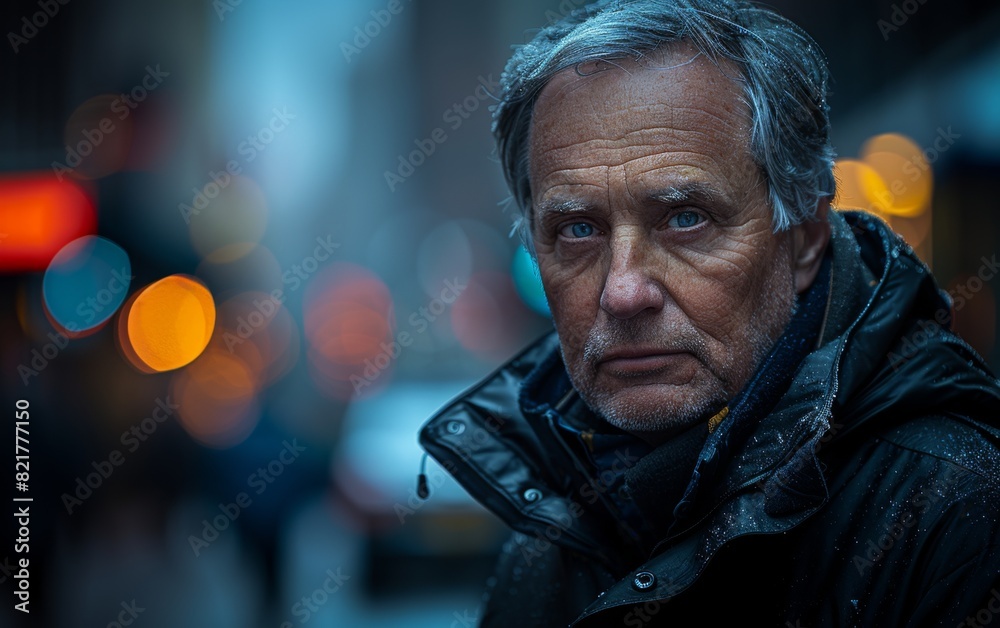 A man with gray hair wearing a black jacket looks directly at the camera A man with gray hair wearing a black jacket looks directly at the camera