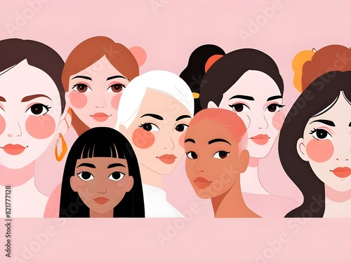 Scratch drawing art cartoon multiple women faces head graphic illustration. Pastel pink background. Pink Women's Mother's day. Women empowerment breast  cancer. Racial diversity equality discriminatio photo