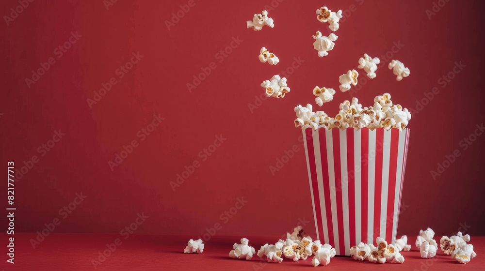 Popcorn scattering from a red striped carton box with copy space on a dark red background