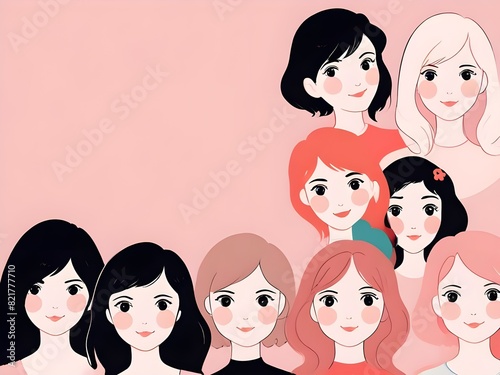 Scratch drawing art cartoon abstract multiple women faces head graphic illustration banner logo. Pastel pink background. Pink Women's Mother's day. Women empowerment diversity breast cancer