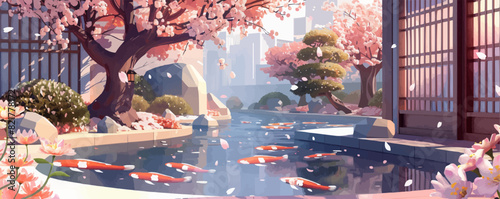 A serene Japanese cherry blossom garden with blooming sakura trees and a tranquil koi pond. Vector flat minimalistic isolated illustration.
