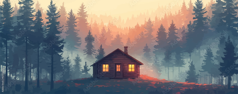 Fototapeta premium Wooden cabin in pine forest. vector simple illustration