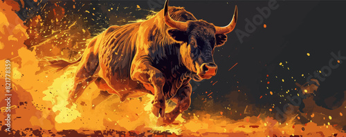 Angry bull running in fire hand drawn sketch Vector illustration