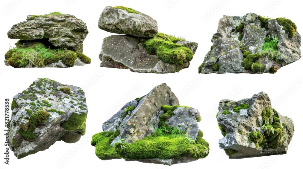 A set of rocks with moss covering them, cut out of the natural environment A set of rocks with moss covering them, cut out of the natural environment