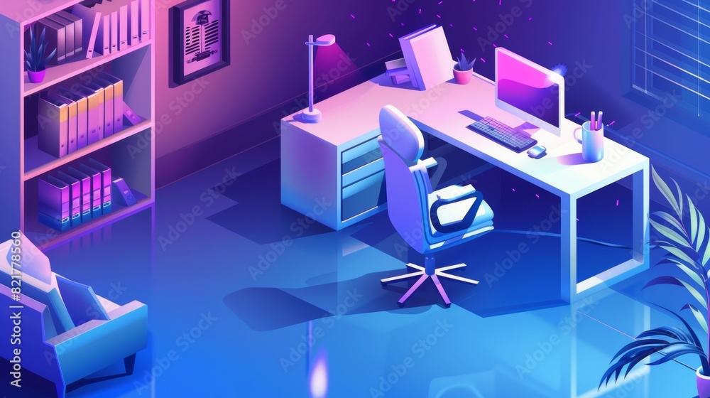 Isometric landing page showing an office at home, working equipment, 3D modern illustration, line art web banner for a businessman, analyst, freelancer.