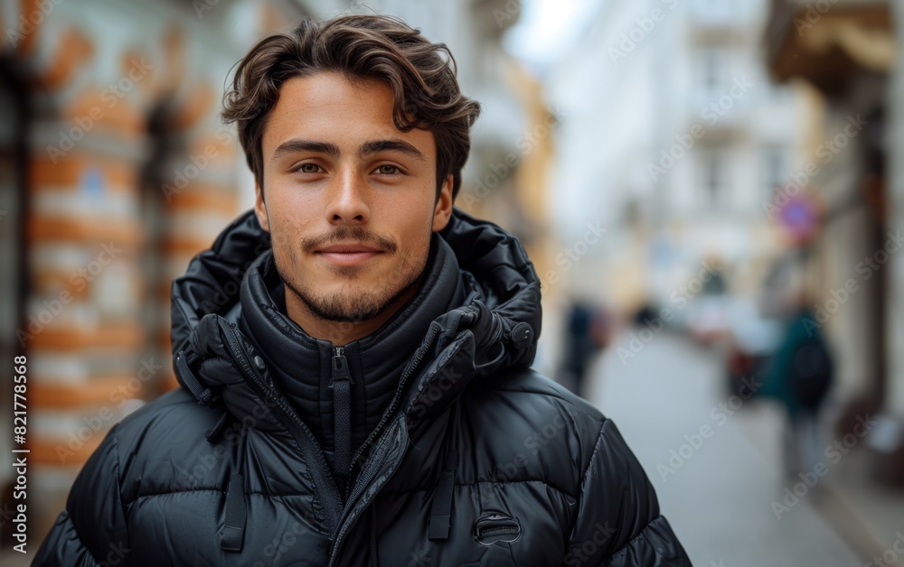 A young man wearing a black jacket standing on a city street A young man wearing a black jacket standing on a city street