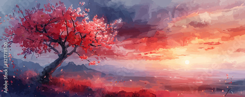 An artistic landscape with a cherry tree, cherry blossoms and sunset painted with