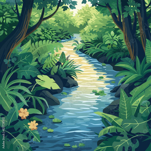 A majestic waterfall cascading down rugged cliffs into a crystal-clear pool below, surrounded by lush foliage. Vector flat minimalistic isolated