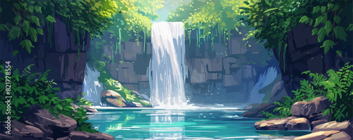 A majestic waterfall cascading down rugged cliffs into a crystal-clear pool below, surrounded by lush foliage. Vector flat minimalistic isolated
