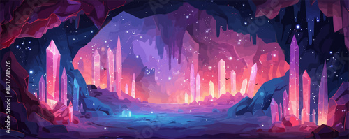A mystical underground cavern with glowing crystals and mysterious rock formations. Vector flat minimalistic isolated illustration.