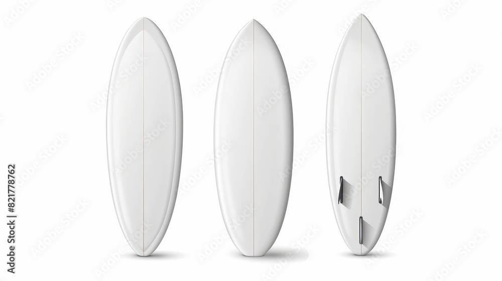 Surfboard front, side, and back views. Modern realistic mockup of blank long boards for summer beach activities. Sport equipment is isolated on white. Surfboard front, side, and back views. Modern realistic mockup of blank long boards for summer beach activities. Sport equipment is isolated on white.