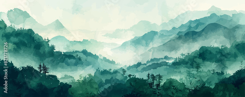 landscape mountain on Green background. Traditional watercolor oriental, Japanese style. Vector illustration photo