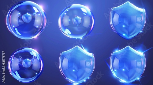 Bubble shields and energy glowing spheres. Science fiction deflector elements, firewall absolute protection isolated on blue background. Realistic 3D modern collection of force shields and energy photo