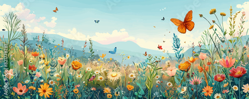 A tranquil meadow blanketed with wildflowers  butterflies  and the distant sound of buzzing bees. Vector flat minimalistic isolated illustration