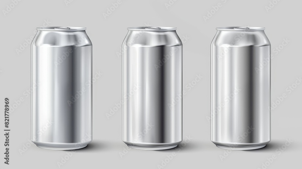 Modern realistic mockup of metal tin cans for drinks of different shapes. 3D template of blank silver package for cold drinks. Modern realistic mockup of metal tin cans for drinks of different shapes. 3D template of blank silver package for cold drinks.