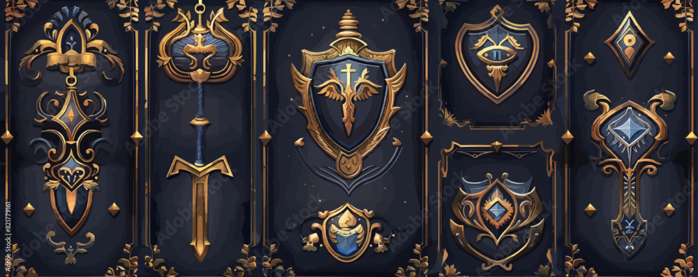 Game ui frames, gold medieval menu elements avatar vector. vector simple illustration Game ui frames, gold medieval menu elements avatar vector. vector simple illustration