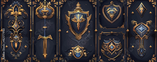 Game ui frames, gold medieval menu elements avatar vector. vector simple illustration
