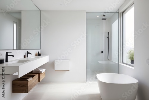 Minimal White Bathroom Design With End To End Glass Partition