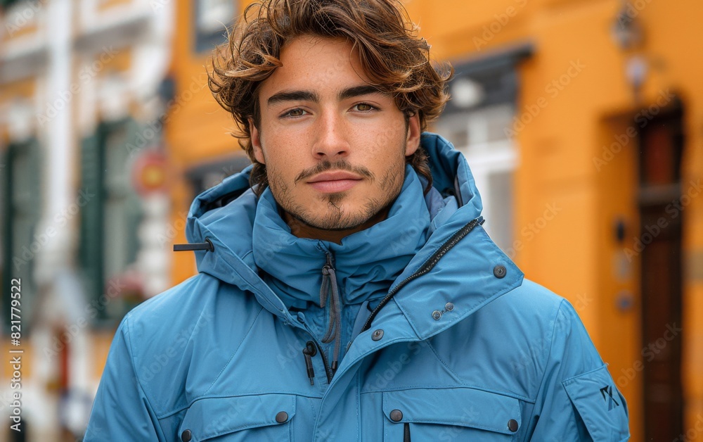A young man wearing a blue jacket stands in front of a yellow building A young man wearing a blue jacket stands in front of a yellow building