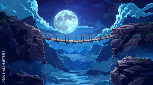 Beautiful nature scene, rope bridgework connect steep rocky edges under moonlight, cartoon illustration with a suspended mountain bridge above night cliffs, rock peaks, rocks and peaks. photo