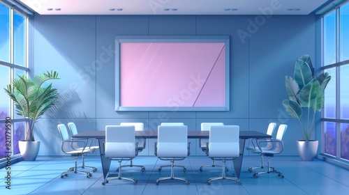 Interior of an office room with a meeting table and chairs  a window  and an empty wall
