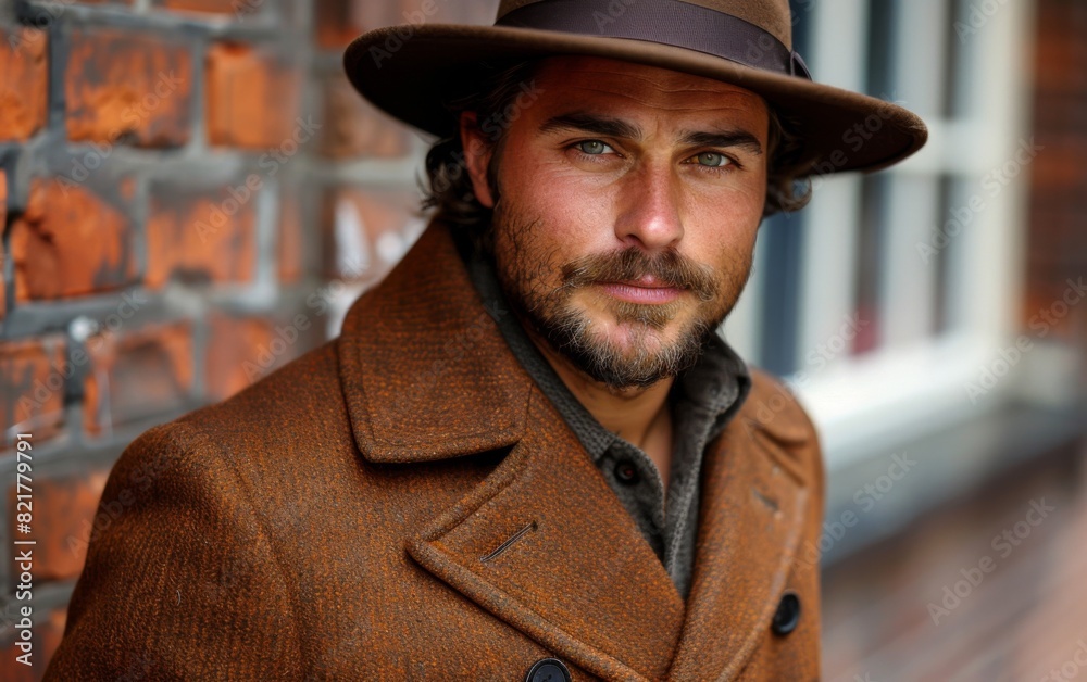 A young man wearing a brown coat and a brown hat A young man wearing a brown coat and a brown hat