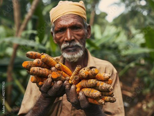 farmer holding harvested turmeric
