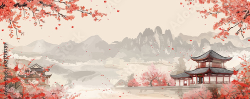 A beautiful landscape with cherry blossoms and a traditional Japanese building
