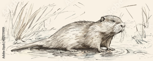 muskrat Engraving style. Simple pencil drawing vector