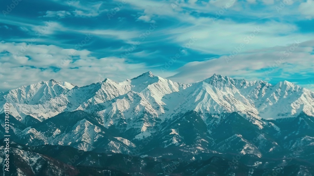 Fototapeta premium The mountains are cloaked in snow beneath a blue sky with distant wispy clouds