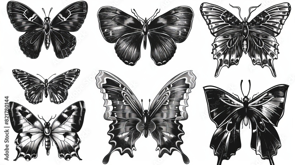 This poster illustration features bow ribbons, butterflies, and vintage stipple effects. It is a version of a coquette collage design from the year 2000. Monochrome photocopy retro design elements.