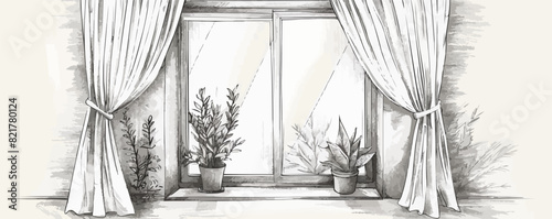 Window with curtains hand drawn sketch in doodle style. vector simple illustration